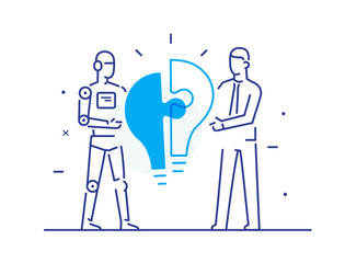 Businessmen and robot connect puzzle lamp. Joint efforts, success, union, idea. Success Cooperation. line icon illustration