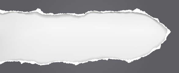 Piece of torn black horizontal paper with soft shadow stuck on white background. Vector illustration