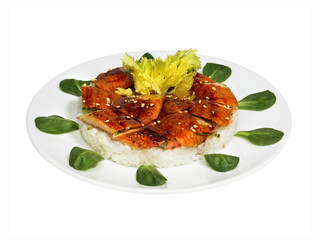 Eel with parsley and spinach on rice pillow