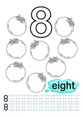 Vector coloring printable worksheet for kindergarten and preschool. Exercises for writing numbers. Learn numbers with bright fresh vegetables count and color from 1 to 10