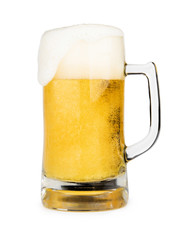 Mug of beer with froth foam on glass isolated on white background with clipping path object design