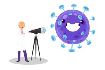 Coronavirus and doctor vektor illustration. scientist in medical clothes exploring enlarged flu virus. Kovid-19 has ball shape with protrusions. Microparticle examined with powerful microscope.