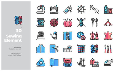 Vector Color Line Icons Set of Sewing Equipment Icon. Editable Stroke. Design for Website, Mobile App and Printable Material. Easy to Edit & Customize.