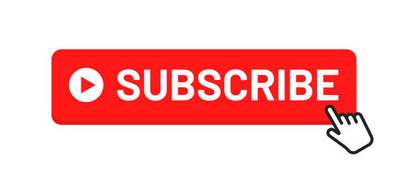 Subscribe button for social media. Subscribe to video channel, blog and newsletter. Red button with hand cursor for subscription. Vector