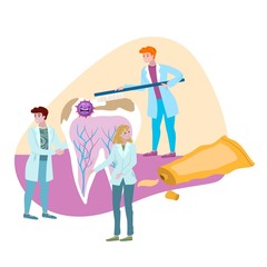 Dentist character background vector illustranion. Oral hygiene prevents spread germs. Toothpaste protects against tooth decay banner. Man and woman removing dirty plaque with toothbrush.