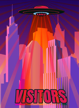 Alien's ship as UFO over city. Vector poster.