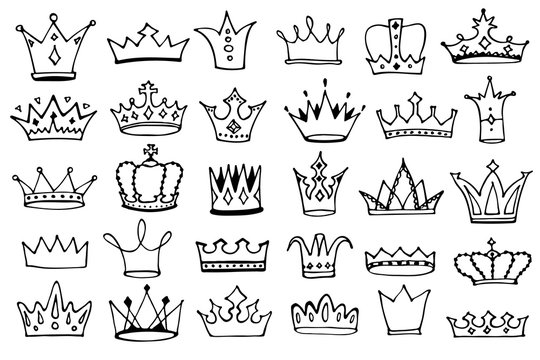 Crowns logo doodle collection. Hand drawn princess crown icons set isolated on white. Vector illustration