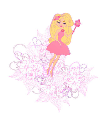 Fairy on the background with beautiful decorative pink doodle flowers