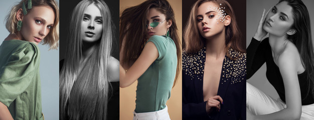 The concept fashion beauty female .Collage of young women  in casual clothes and glasses wearing,...