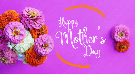 Mothers day purple pink floral background with zinnia flowers.