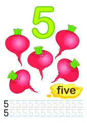 Vector printable worksheet for kindergarten and preschool. Exercises for writing numbers. Learn numbers with bright fresh vegetables count and color from 1 to 10