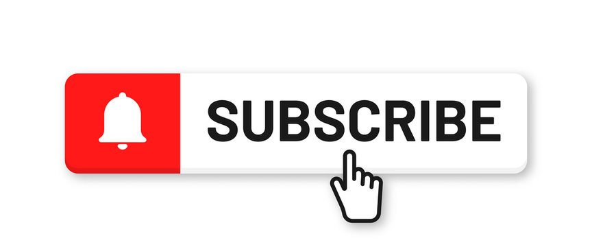 Subscribe button for social media. Subscribe to video channel, blog and newsletter. Red button with hand cursor and bell for subscription. Vector