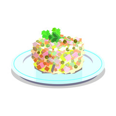 Russian new year salad with mayonnaise, Olivier. Winter salad. Vector illustration