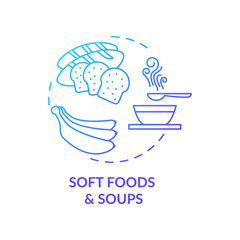 Soft foods and soups blue concept icon. Eating after medical procedure. Doctor recommendation for dish. Healthy diet idea thin line illustration. Vector isolated outline RGB color drawing