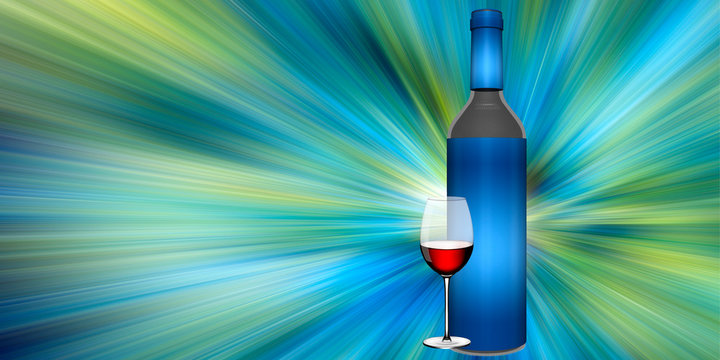 Ilustraci&oacute;n con una botella en 3D y una copa de vino con un fondo de colores y l&iacute;neas