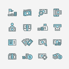 Banknotes and coins line icon set
