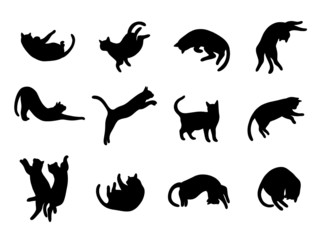 Vector set cat silhouette, different poses, black color, isolated on white background