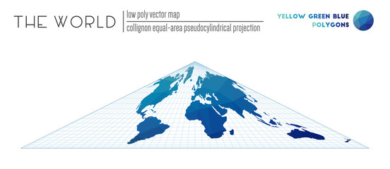 Polygonal world map. Collignon equal-area pseudocylindrical projection of the world. Yellow Green Blue colored polygons. Modern vector illustration.