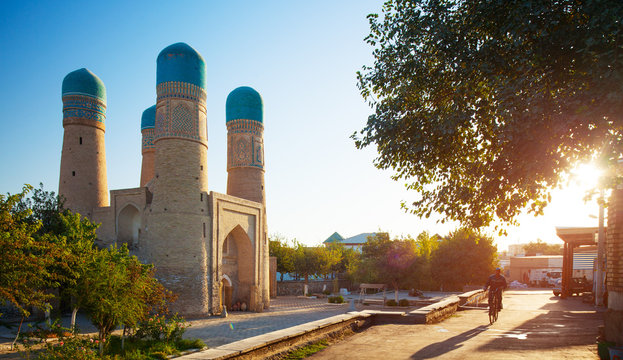 Char Minor (Chor Minor) madrasa in the historic city of Bukhara during sunrise. Uzbekistan