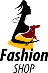 Elegant luxury logo with beautiful face of young adult woman with long golden hair. Sexy symbol silhouette of head and text lettering Beauty cosmetics on white background for hair dress, SPA salon