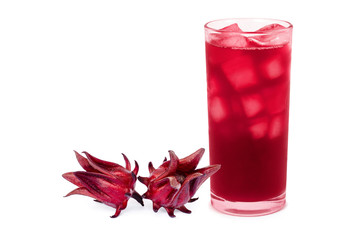 glass of roselle juice tea and flower isolated on white background. 