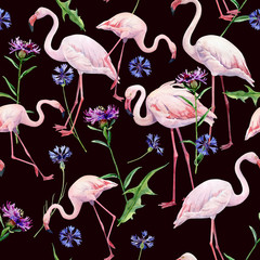 Seamless pattern of watercolor flamingos and wild flowers.