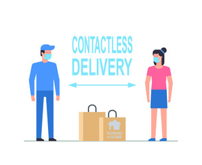 Obraz premium Contactless delivery. Working at home. Flat Style. isolated on white background