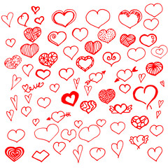 Heart pink red love icons. Valentines day, 14 february, wedding, romantic symbol set. Hand drawn, doodle style hearts shape. Simple love sign collection. isolated vector illustration