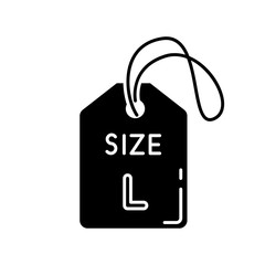 Large size label black glyph icon. Clothing parameters specification silhouette symbol on white space. Informational tag with L letter for big size apparel description. Vector isolated illustration