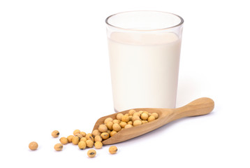 soy milk and soya beans isolated on white background. 