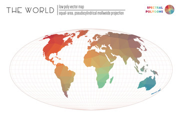 Vector map of the world. Equal-area, pseudocylindrical Mollweide projection of the world. Spectral colored polygons. Elegant vector illustration.