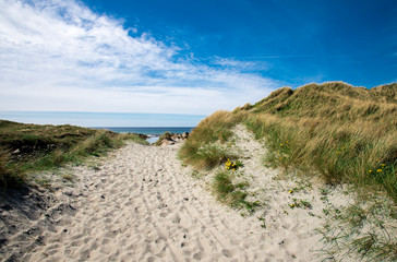 Fototapeta na wymiar A footpath along dunes to Refsnesstranda beach in a nice sunny day near Naerbo, Norway, May 2018