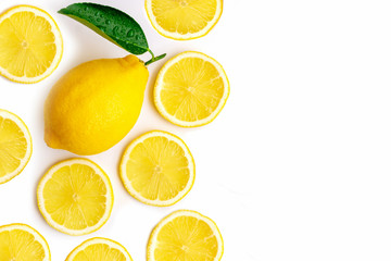 Fototapeta premium Lemon lime fruit with green leaf and sliced isolated on white background . Top view.Flat lay. Space for text.