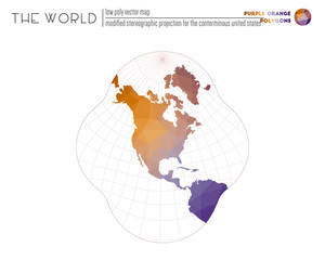 Abstract world map. Modified stereographic projection for the conterminous United States of the world. Purple Orange colored polygons. Energetic vector illustration.