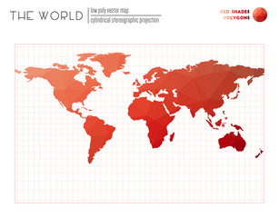 Fototapeta na wymiar World map in polygonal style. Cylindrical stereographic projection of the world. Red Shades colored polygons. Modern vector illustration.