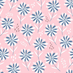 Tender pastel pink sketchy floral seamless pattern with blue and white flowers, hearts and dots. Cute scandinavian texture with gerbera for textile, wrapping paper, surface, wallpaper, background