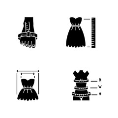 Female clothing size measurements black glyph icons set on white space. Woman body proportions and product dimensions. Bespoke tailoring and shoemaking silhouette symbols. Vector isolated illustration