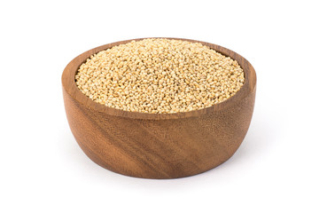 Closeup real quinoa seeds ( Chenopodium ) in wooden bowl isolated on white background with clipping path. Healthy eating , superfood concept.
