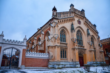 Obraz premium Beautiful palace with gothic windows and turrets in Peterhof St. Petersburg at winter time