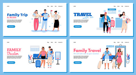 Family travel and vacation banners set with people, sketch vector illustration.