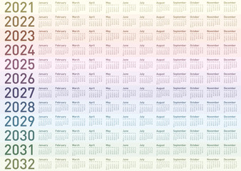 Calendar for Years 2021 to 2032