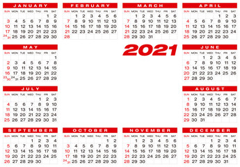 Calendar for year 2021, in vector format.