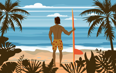 Surfer standing with surfboard on the tropical beach back view. Palms ocean surfung theme