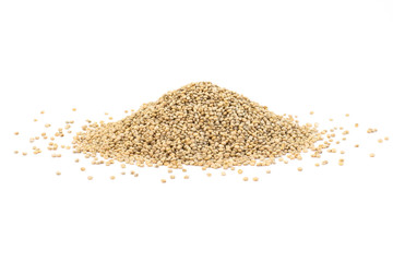 Closeup pile of real quinoa seeds ( Chenopodium ) isolated on white background. Healthy eating, superfood concept.