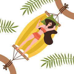Young woman character lying in a hammock under the palm trees. Top view. Flat editable vector illustration, clip art on white background