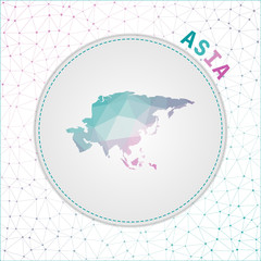 Vector polygonal Asia map. Map of the continent with network mesh background. Asia illustration in technology, internet, network, telecommunication concept style . Appealing vector illustration.