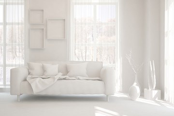 White minimalist living room with sofa. Scandinavian interior design. 3D illustration