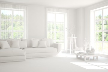 White living room with sofa and summer landscape in window. Scandinavian interior design. 3D illustration