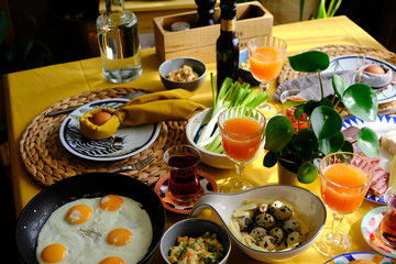 Easter breakfast. Cosy home environment. Warm breakfast table.