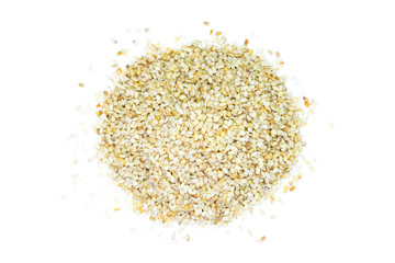Pile of white sesame seeds isolated on white background. Healthy eating concept. Top view. Flat lay.